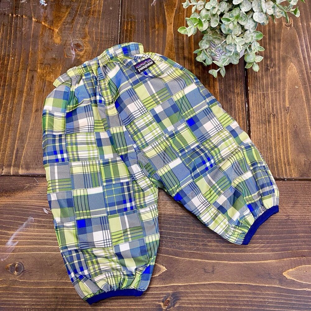 Patagonia Reversible Puff-Ball Pants Snow Green Blue Plaid Boys Size 3 Months